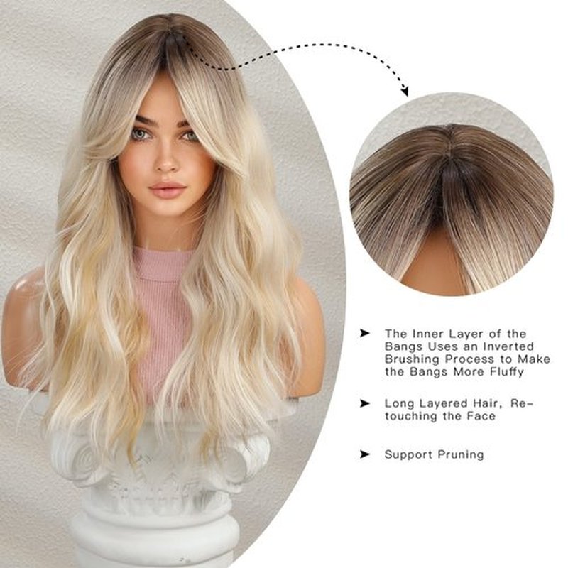 OMELPIS Long Ombre Blonde Wig with Bangs for Women Natural Layered Wavy Wigs Brown Roots Heat Resistant Synthetic Fiber High Density Curly Hair for Daily Party Holiday Dating Use 24‘’