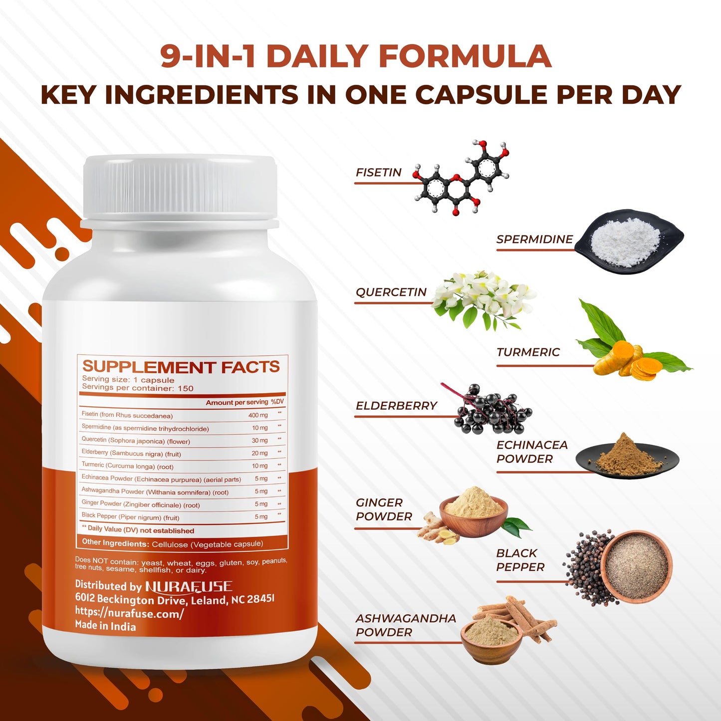 NURAFUSE Fisetin 10-in-1 Formula - with Spermidine Quercetin Resveratrol, Elderberry, Turmeric Non-GMO, Gluten-Free, Soy-Free