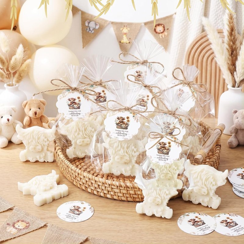 Highland Cow Baby Shower Soap Favors - 20 Sets Handmade Oat Soaps with Greeting Cards | Farmhouse Woodland Theme