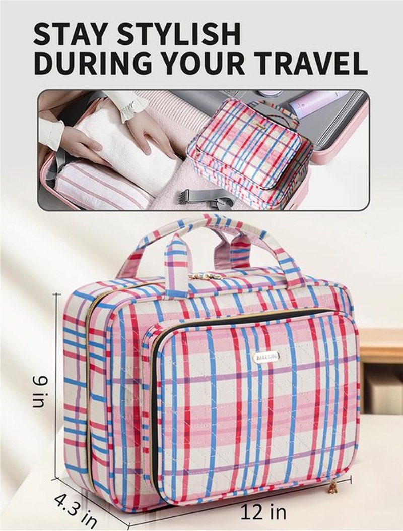 BALULHG Toiletry Bag Travel with Hanging Hook, Water-resistant Cosmetic Makeup Bag Organizer for Shampoo, Full Sized Container, Toiletries，Plaid-red-L