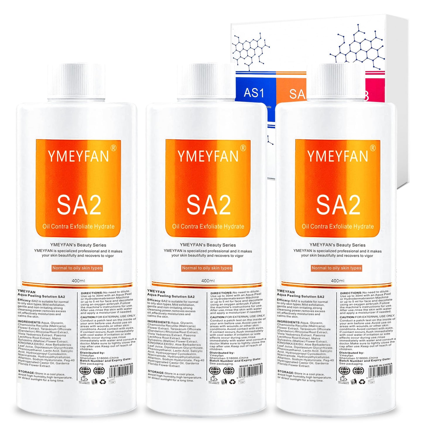 YMEYFAN SA2 Solution (English Ver.), Aqua Peeling Solution for Hydrogen Oxygen Facial Machine Professional, Facial Deep Cleansing for Oily-Prone Skin Exfoliate Serums for Face Skin Care(400mlx3PCS)
