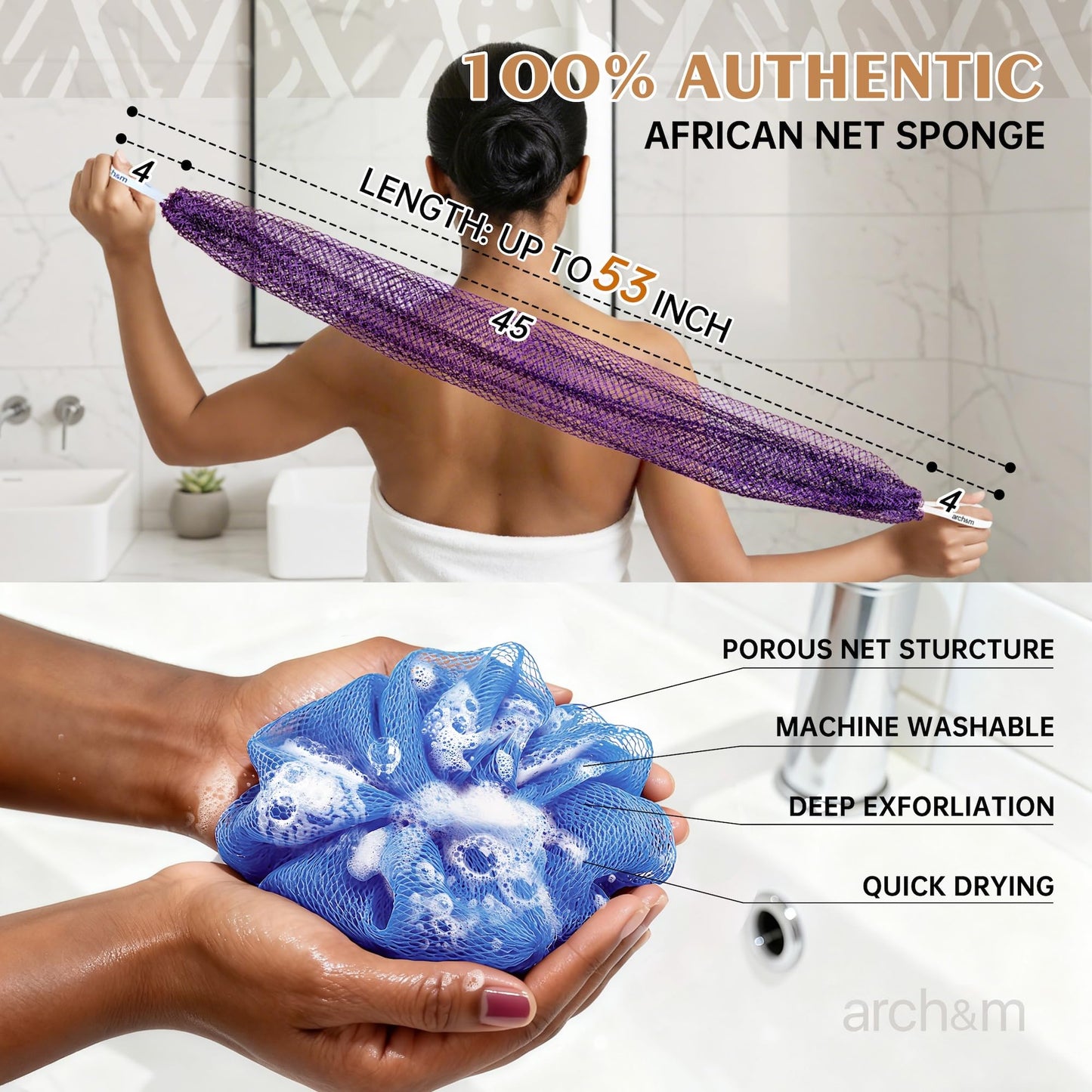 ARCH&M African Net Sponge 2 Pack – Authentic Exfoliating Bath & Shower Loofah Sponge, 53" Extra-Long Back and Body Scrubber for Women and Men, Gentle on Sensitive Skin, Everyday Body Care Spa Gift Set