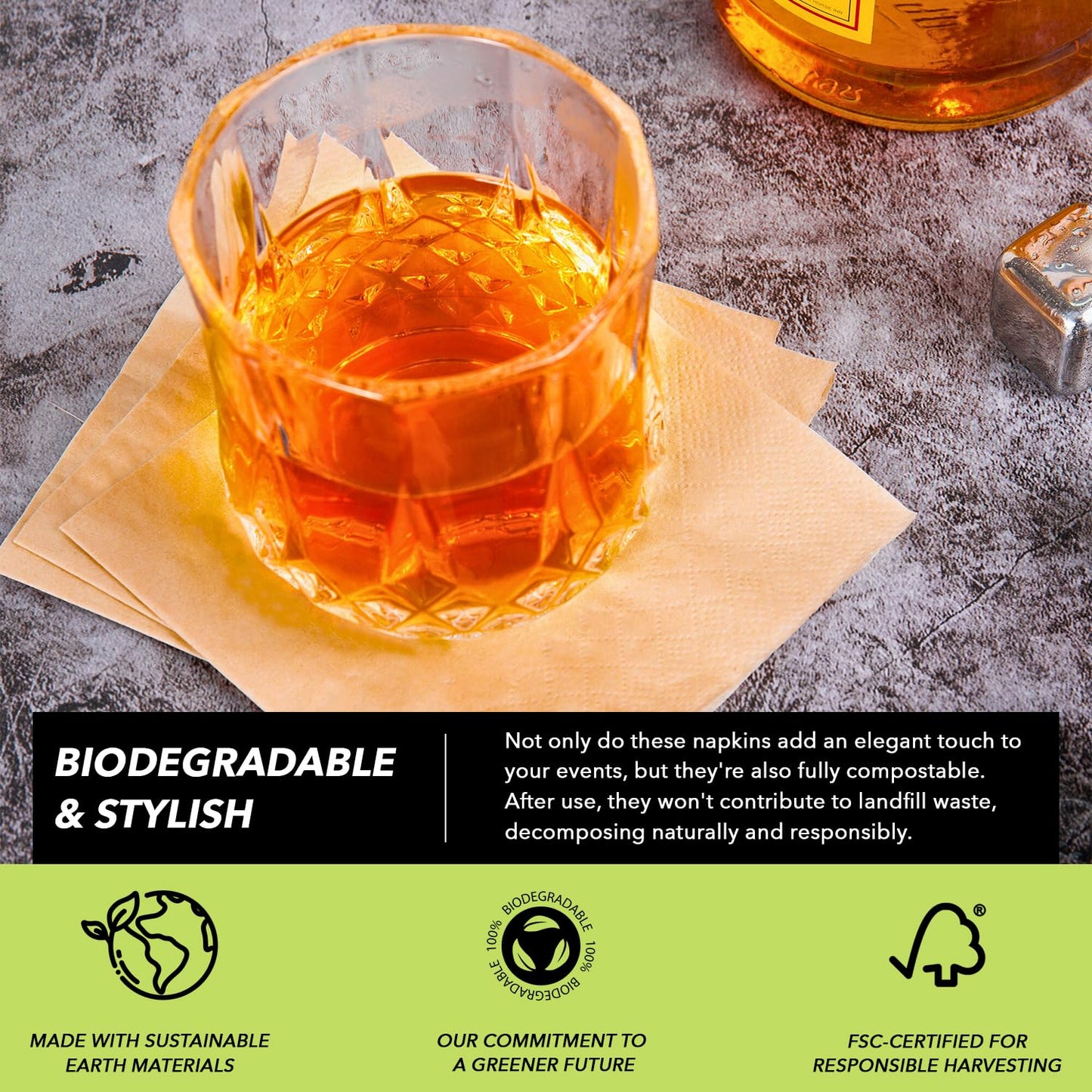 MOTHER EARTH Bamboo Beverage Napkins - 2 Ply, 50 Pack | Compact, Absorbent Disposable Cocktail Napkins for Drinks (50 Beverage Napkins)