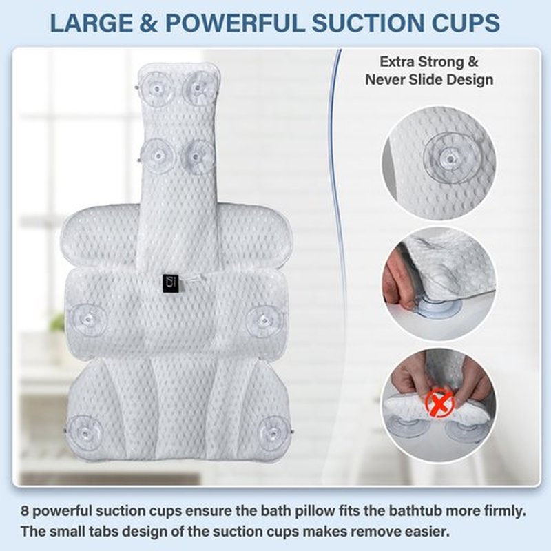 Bath Pillow Bathtub Pillow for Tub Luxury Bath Tub Pillows for Tub Neck and Back Support with Soft Mesh Fabric and 8 Strong Powerfull Non-Slip Suction Cups Relaxing Bath Accessories Spa Gifts, White