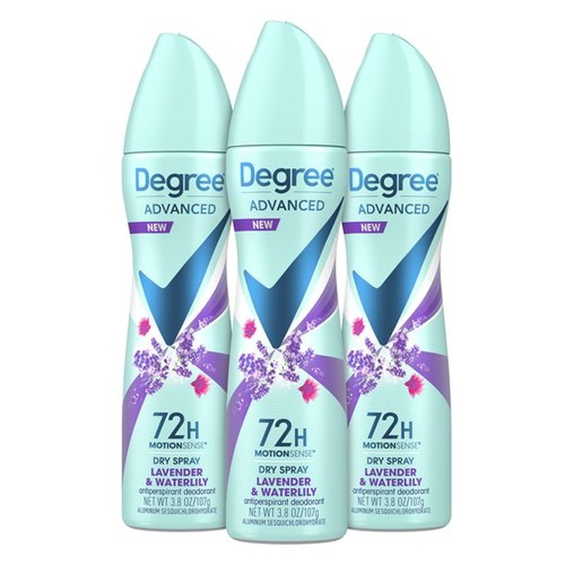 Degree Antiperspirant Deodorant Dry Spray 72-Hour Sweat and Odor Protection Lavender and Waterlily Deodorant Spray For Women With MotionSense Technology 3.8 oz 3 Count