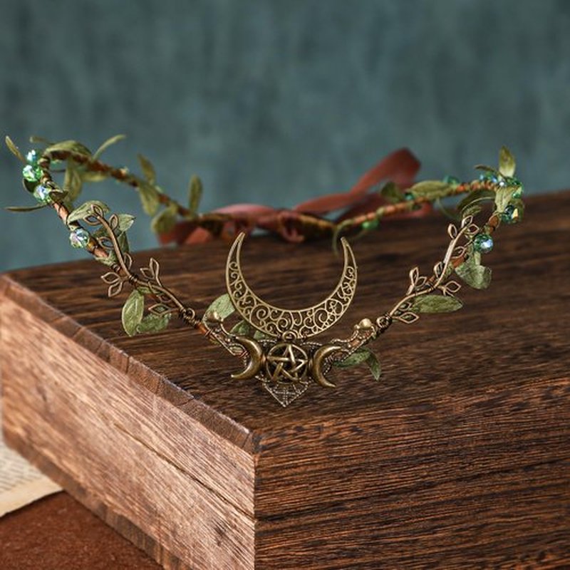 MOSTORY Handmade Moon Elf Crown - Elven Circlet Woodland Forest Headpiece Fairy Goddess Tiara Medieval Queen Accessory for Women Girls Halloween Cosplay Renaissance Accessory Green