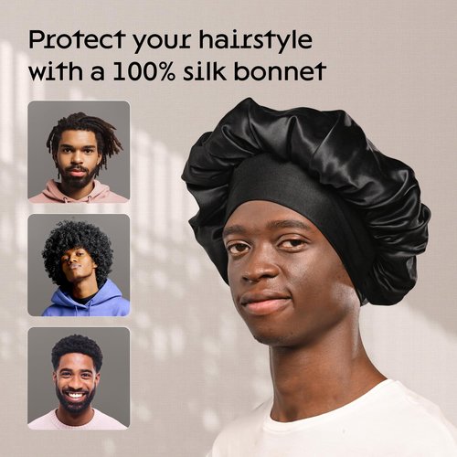 Niagara Satin Bonnet Men - Bonnet for Sleeping Men - Reversible Night Cap - Mens Bonnet for Curly Hair - Large Bonnet with Double Layer (Dark Black)