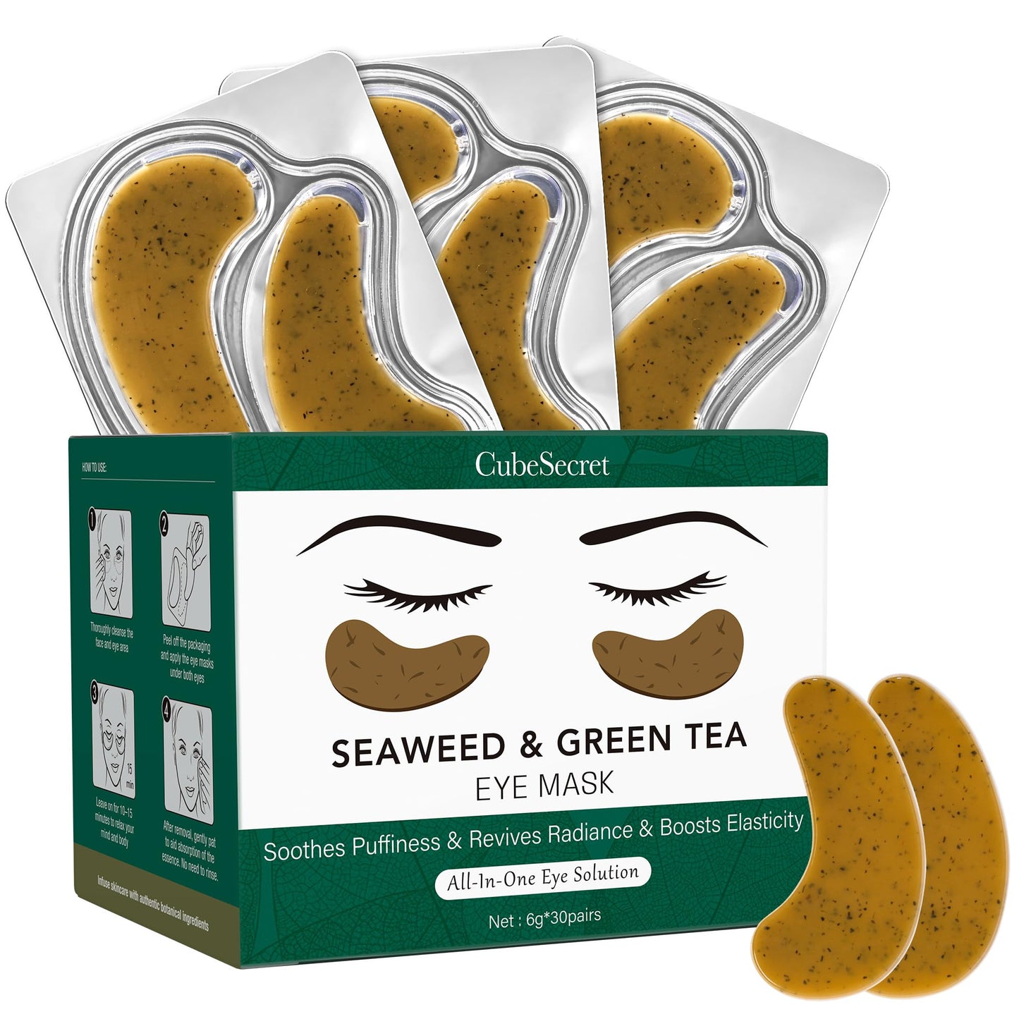 CubeSecret Under Eye Patches - 30 Pairs Green Tea Seaweed Eye Mask for Dark Circles - Puffy Eyes, Wrinkles, Undereye Bags - Soothing Hydrating Sensitive Skin Care Gifts for Teen Girls