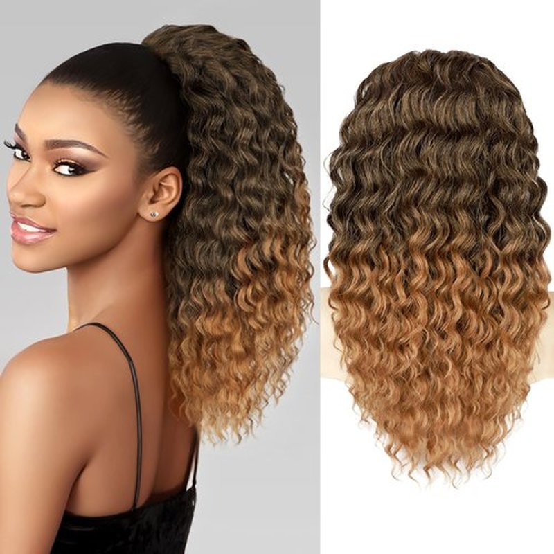 HMD Curly Ponytail Extension Drawstring Ponytail for Black Women Black Mixed Ginger Curly Clip in Hair Extensions 18 Inch Ponytail Extension Synthetic Hairpiece for Daily Party(1B/27)