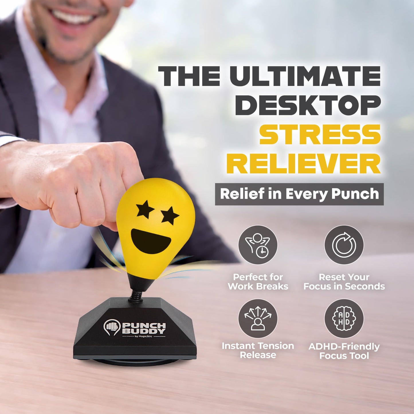 Punch Buddy Desktop Punching Bag – Desk Fidget Toy for Stress Relief & Focus – Mini Suction Cup Punch Ball with Patented Griply™ Technology – Office Stress Reliever for Adults, Teens & Coworkers