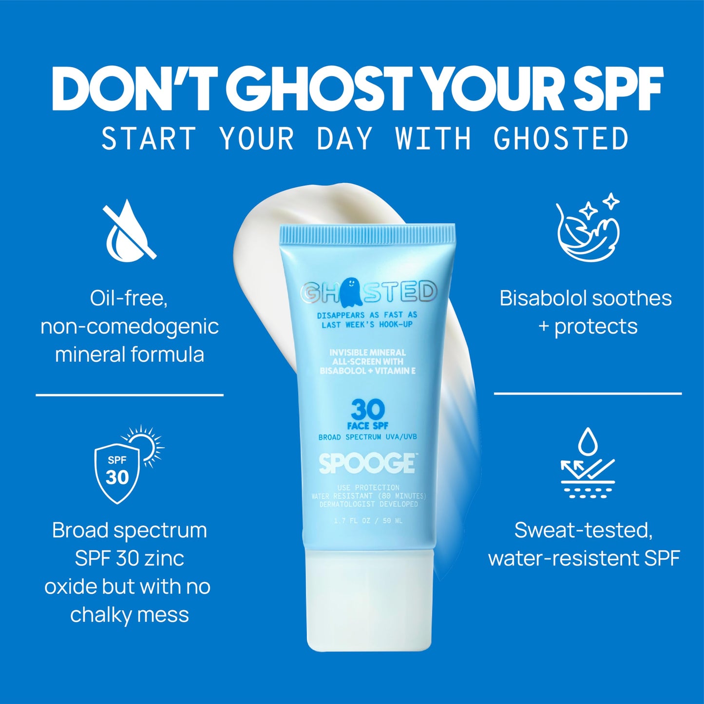 Spooge Ghosted | Mineral Sunscreen SPF 30 | Oil-Free Non Toxic Sun Care | Zinc Oxide Sunscreen | Water Resistant | Bisabolol Infused Formula | Dermatologist Developed | Reef Safe Sunblock | 1.7 oz
