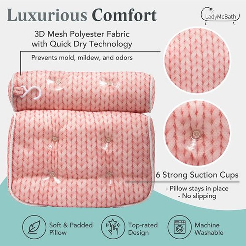 Lady McBath Bath Pillow - Luxury Bath Pillows for Tub Neck and Back Support - Powerful Suction Cups, Machine Washable Bathtub Accessory for Relaxation (Peach)