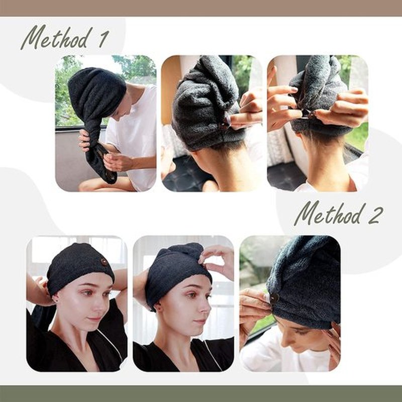 myHomeBody Hair Towel Wrap, Luxury Rapid-Dry Hair-Drying Turban, Ultra Soft and Quick Drying Absorbent Charcoal Fiber, with Coconut Shell Button – Midnight Blue
