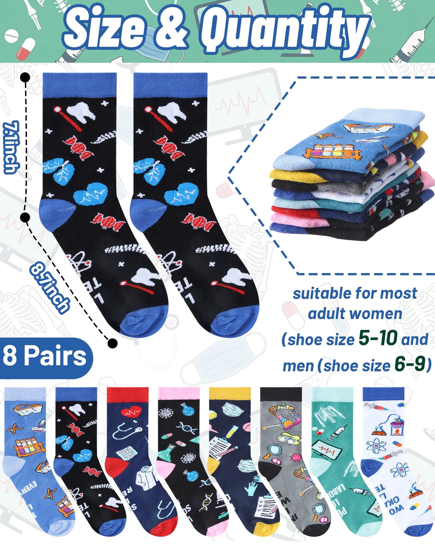 Glitopper 8 Pairs Medical Laboratory Gifts for Women Men Funny Lab Tech Socks Novelty Casual Crew Dress Socks Medical Laboratory Professionals Week Gifts Nurses Day Birthday Favors