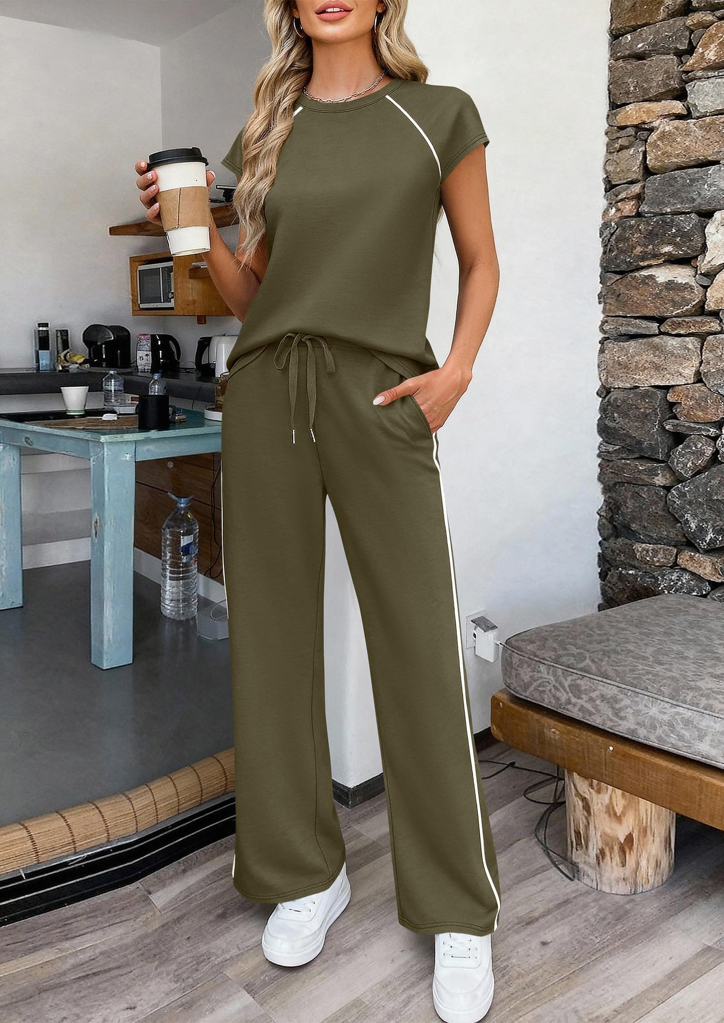 PRETTYGARDEN Two Piece Sets for Women 2026 Summer Vacation Outfits Cap Sleeve Tops Lounge Pants Matching Set Fashion Clothing