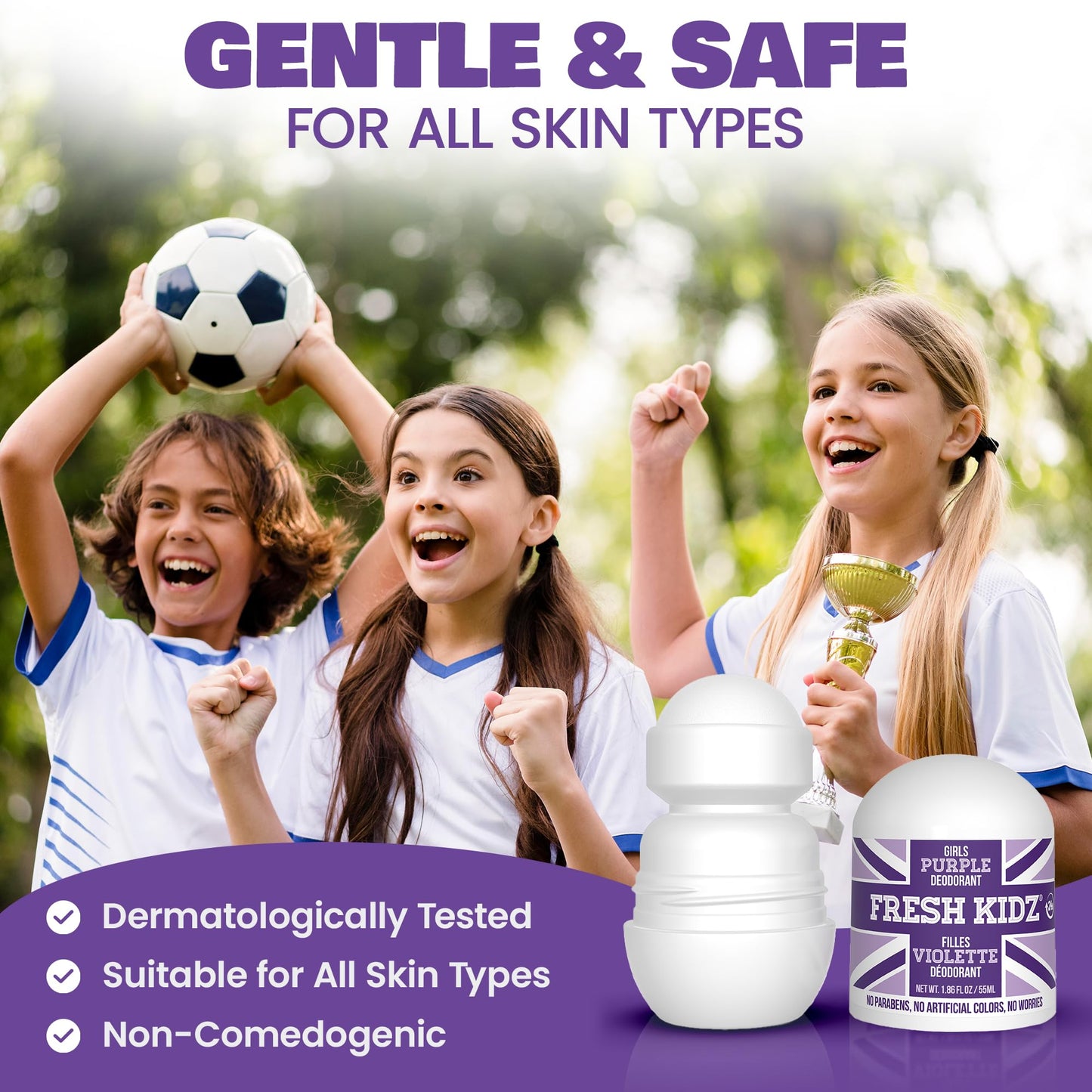 Fresh Kidz Roll On Deodorant for Kids and Teens - Baking Soda and Aluminum-free 24 Hour Protection for Sensitive Skin - Girls "Purple" 1.86 fl.oz.