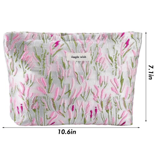 ZLFSRQ Flower Makeup Bag Travel Cute Floral Cosmetic Bags for Women Large Makeup Pouch Zipper Cosmetic Pouch for Purse Aesthetic Embroidery Makeup Organizer Bag Portable Toiletry Bag(Green &Pink)