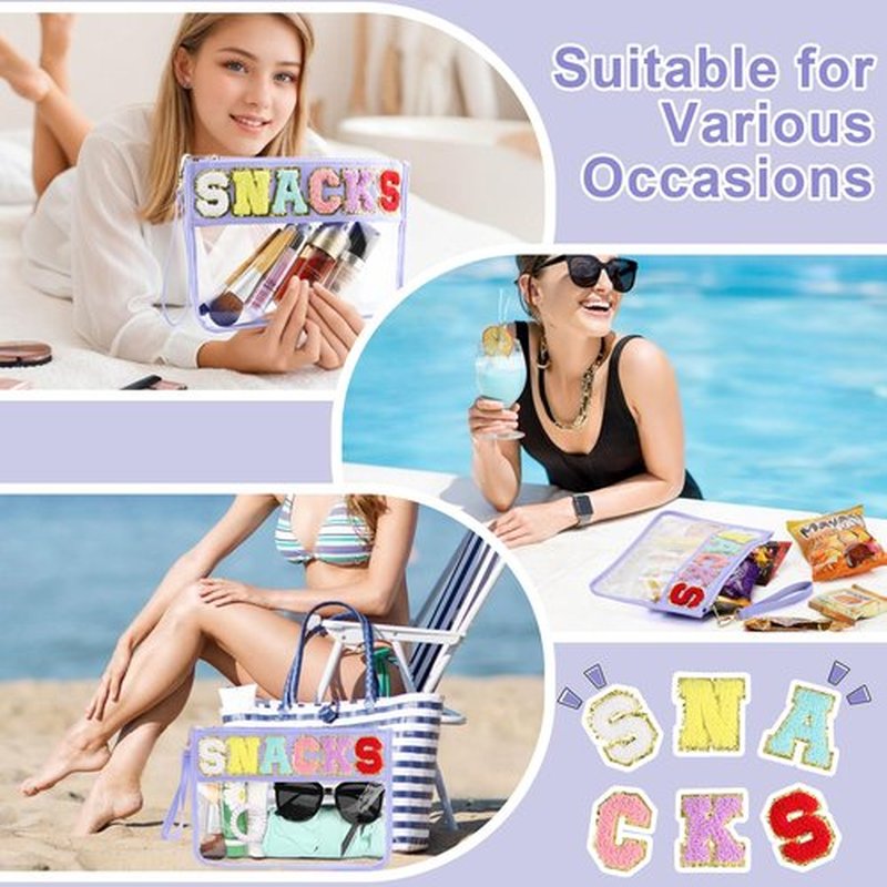 TESAFNG Snack Bag for Travel - Clear Chenille Varsity Letter Flat Pouch with Zipper, Waterproof Clear PVC&PU Preppy Patch Makeup Cosmetic tote Bags for Women Girls (Purple-Snacks)