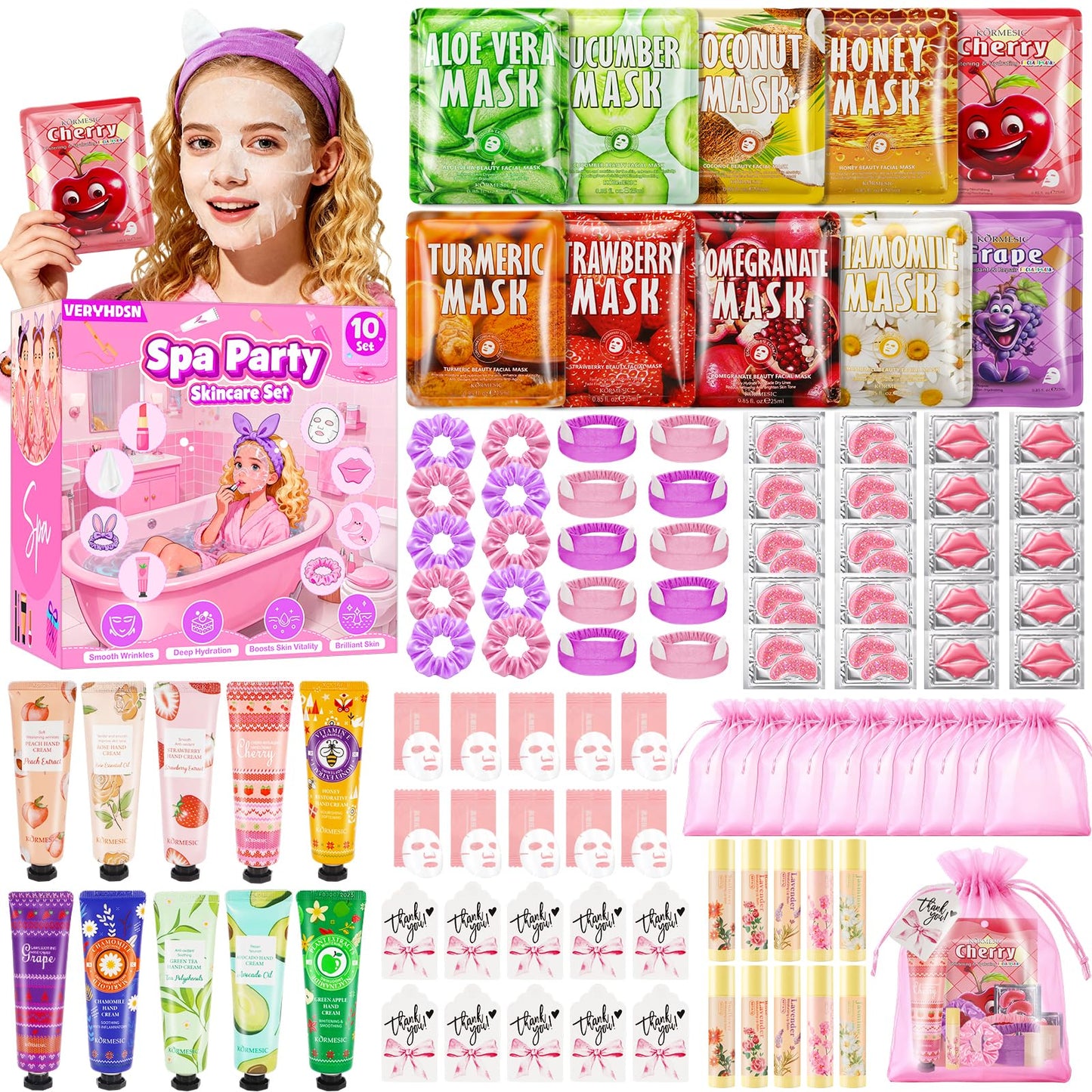 100PCS Spa Party Supplies for Girls, Sleepover & Slumber Party Supplies for Girls, Include Facial Masks, Hand Cream, Lip Balm, Under Eye Patches, Lip Mask, Spa Birthday Party Favors for Women