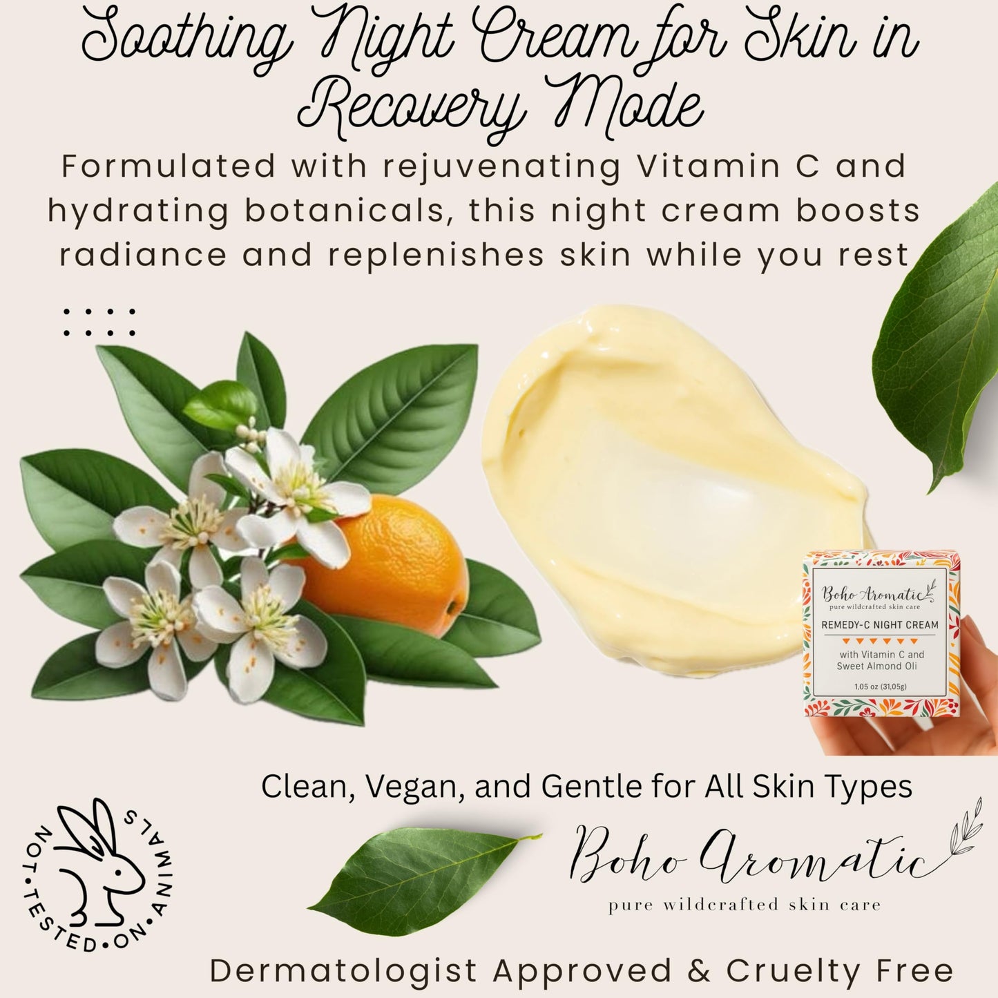 Vitamin C Night Cream for Face, Brightening Vitamin C Moisturizer Face Cream – Hydrating Rich Night Serum Cream in Eco-Friendly Glass Jar, cruelty free by Boho Aromatic Remedy-C