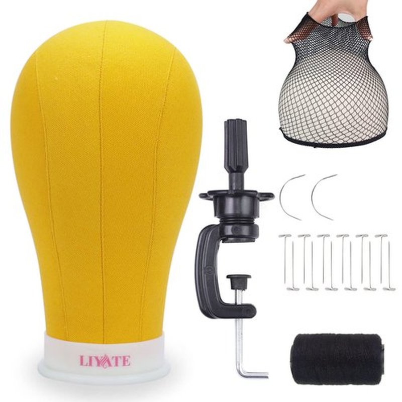 LIYATE Canvas Block Head 22 Inch Yellow Wig Head Stand for Making Wigs Display Styling Poly Mannequin Head with Mount Hole Manikin Head Wig Stand