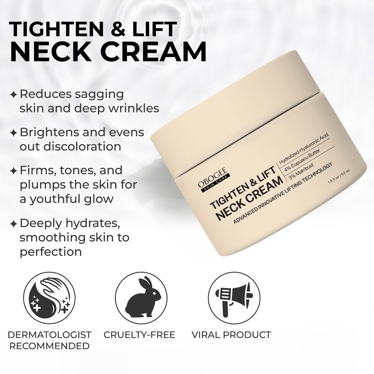 OBOGEE Neck Cream, Tighten & Lift Neck Cream - Anti-Aging Neck Creams for Tightening Lifting Sagging Skin and Hydrating- With Pro-Active Repair Firming Complex, 1.8 oz