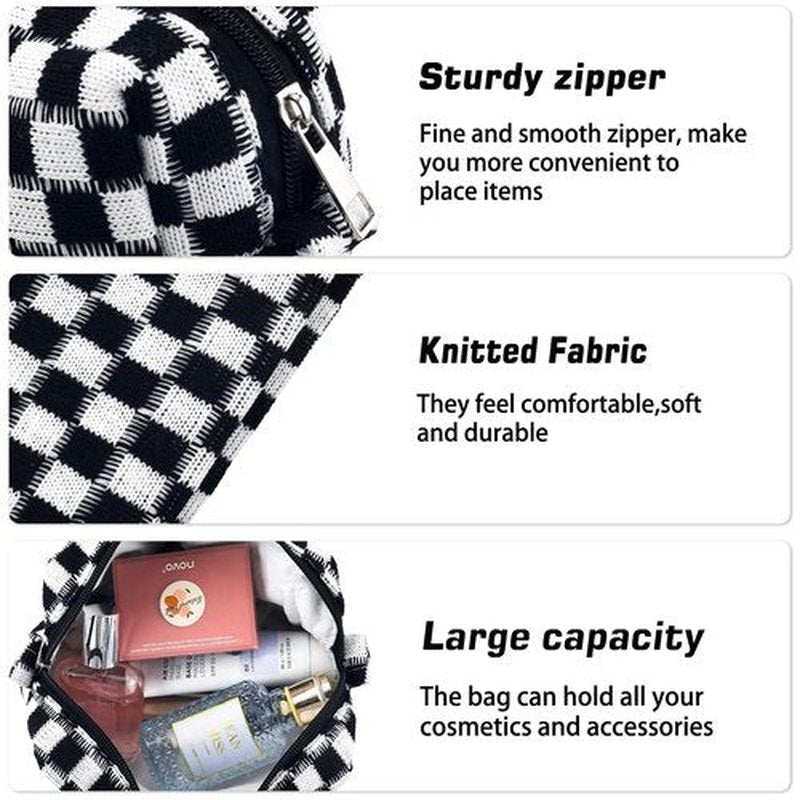 2Pcs Checkered Makeup Bag for Women Cometic Pouch Travel Small Cosmetic Bag Set Cute Makeup Pouch for Purse Portable Zippered Skincare Bag Toiletry Bag Organizer Preppy Trendy Storage Bag(Black)