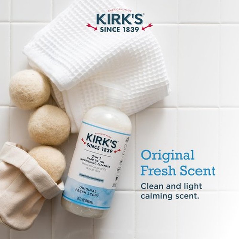 Kirk's 3-in-1 Head to Toe Nourishing Liquid Cleanser- for Men, Women & Children - Premium Coconut Oil & Aloe Vera- Non GMO & Vegan -Original Fresh Scent - 32 Fl Oz