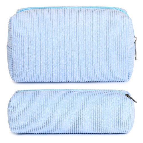 SOIDRAM Makeup Bag Corduroy Cosmetic Bag Cute Blue Makeup Pouch 1Pcs Large Capacity Makeup Bags and 1Pcs Makeup Brushes Storage Bag Travel Toiletry Bag Organizer