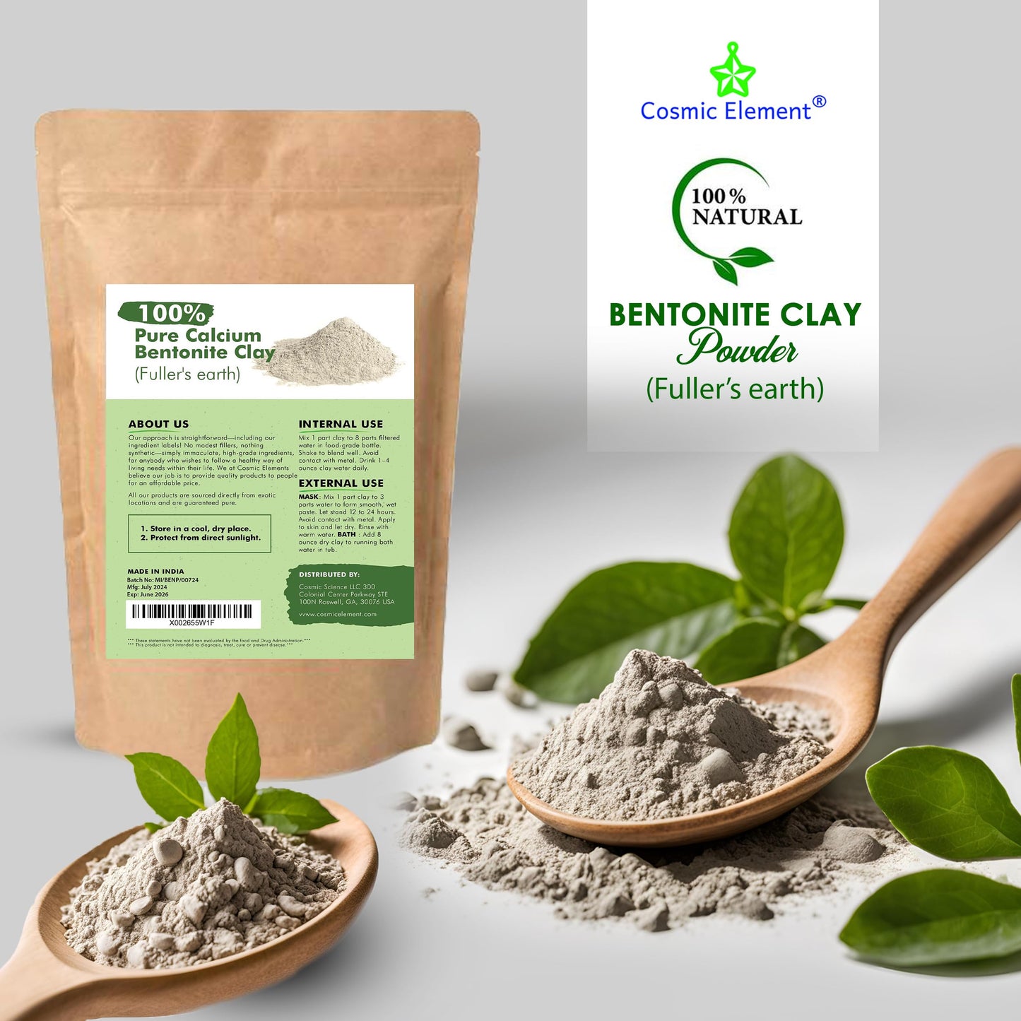 Cosmic Element 100% Pure Calcium Bentonite Clay Powder - Bentonite Clay Food Grade, Vegan, Healing Clay | Skin Care Detox - Deep Pore Cleansing Face & Body Mask for Soft, Smooth, Refreshed Skin | 12oz
