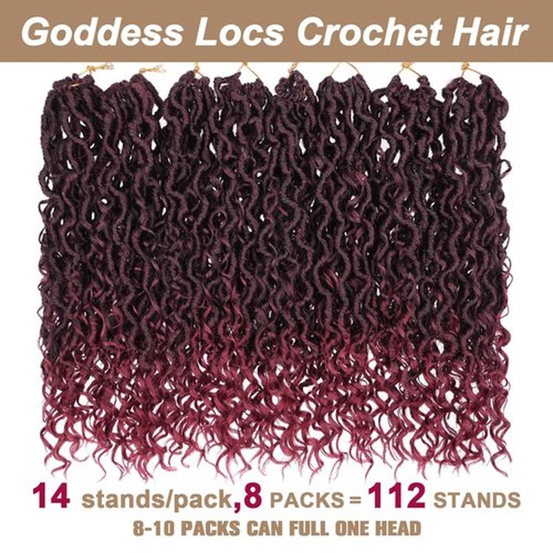 COOKOO 8 Packs Goddess Faux Locs Crochet Hair Burgundy Red 14 Inch Pre Looped Goddess Locs Crochet Hair Curly Crochet Locs Hair for Black Women Boho River Locs Synthetic Hair Extensions Tbug#