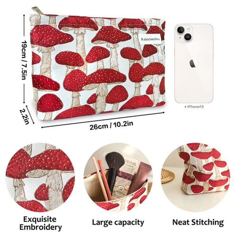 STARDW Cute Makeup Bag Cosmetic Bags for Women and Girls,Travel Makeup Bag Large Capacity Canvas Makeup Bag,Makeup Organizer Bag Zipper Pouch (Red Mushroom)