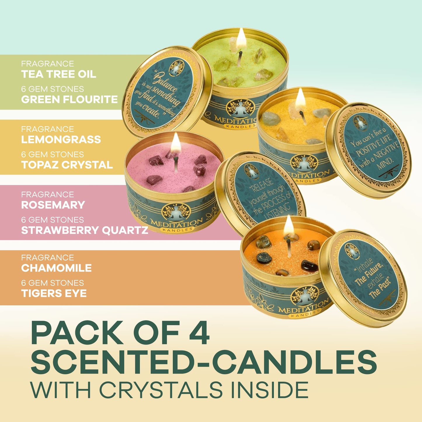 Meditation Candles with Crystals | Natural Aromatherapy Candles for Relaxation & Healing | Stress Relief Candles for Yoga, Meditation & Self Care | 5oz Each 4 Pack Gift Set