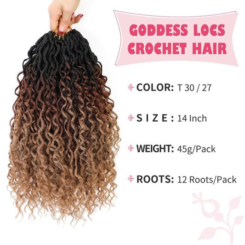 Alicoco Goddess Locs Crochet Hair 14 Inch 8 Packs Faux Locs Crochet Hair For Women Boho Soft Locs Pre-looped River Crochet Locs With Curly Ends (14 Inch (Pack of 8), 1B/30/27)