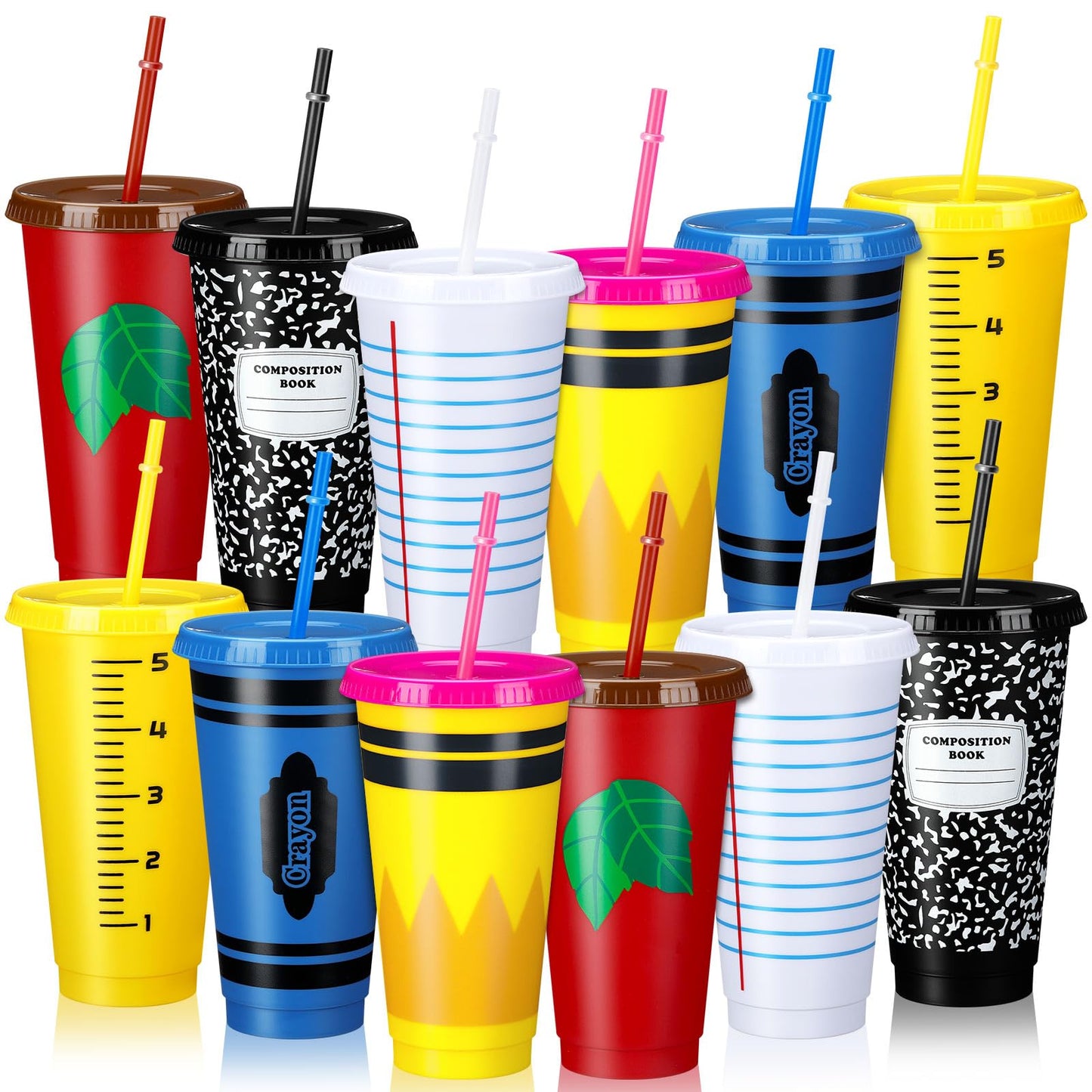 Rtteri 12 Pcs Back to School Reusable Plastic Coffee Cups in Bulk 24 oz Reusable Teacher Appreciation Cups Tumbler with Lids and Straws First Day of School Party Favors Gift for Classroom Supplies