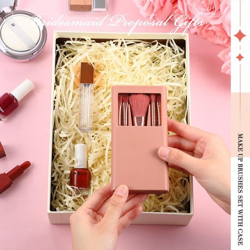 FoldTier 6 Sets Bridesmaid Proposal Gifts Mini Travel Makeup Brushes Bulk Bridesmaid Trip Bride Cosmetic Bag for Wedding Bridal Shower Bachelorette Party(Cameo Brown)