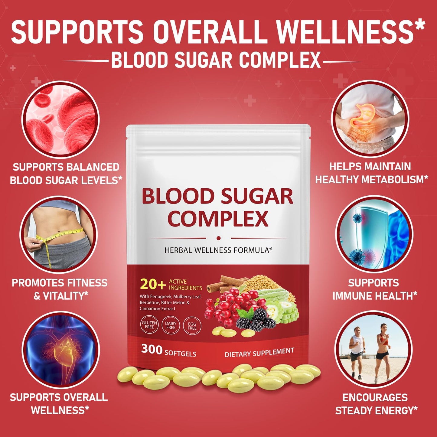 300 Softgels Blood Sugar Complex Supplement | 20+ Active Herbs-Berberine, Cinnamon, Bitter Melon, Mulberry Leaf, Fenugreek, Vitamins for Energy Level, Vitality Support | Clean Formula