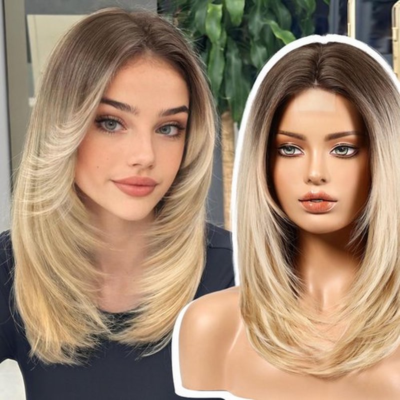 EMMOR Short Layered Wigs,Natural Medium Length Central Lace Layered Wigs, Premium Heat-Resistant Synthetic Straight Wigs for Women Daily Use(Ombre Light Blonde)