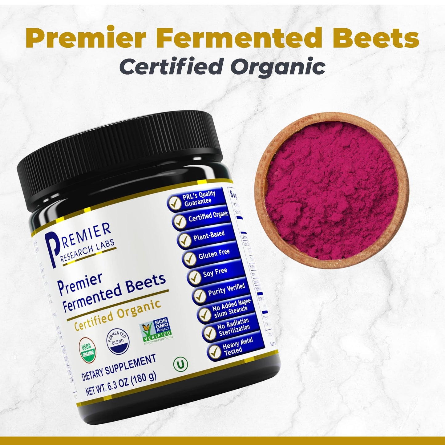 Premier Research Labs Premier Fermented Beets - Beet Root Powder Fermented, Organic Fermented Beets for Men & Women, Beetroot, Nitrates, Blood Pressure Support, USDA Organic - 6.3 Oz Jar