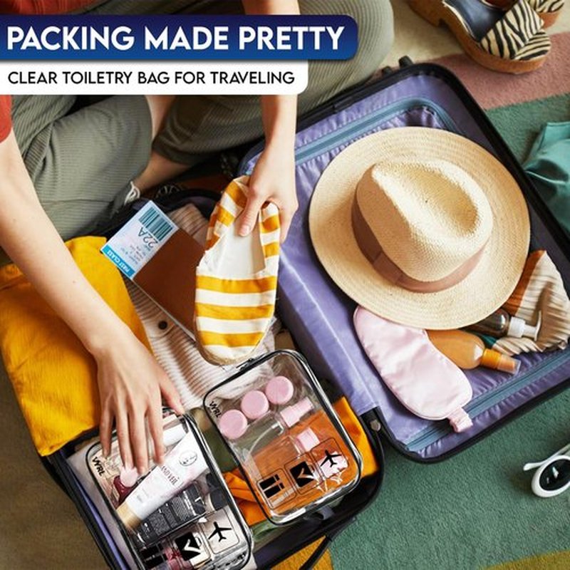 VYRL 3 Pack Clear Makeup Bag - Quart Size 3-1-1 TSA Approved Toiletry Bag with Zipper - Water-Resistant Durable PVC Clear Toiletry Bag for Carry-on Airport Travel Accessories - Black