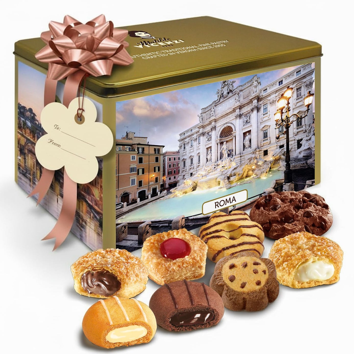 Matilde Vicenzi Roma Cookie Gift Tin - Pastries & Cookies in Individually Wrapped Trays - Gourmet Gifts For Father's Day, Teacher, Birthday - Assorted Cookies in Italian Design Tin 32.5oz (920g)