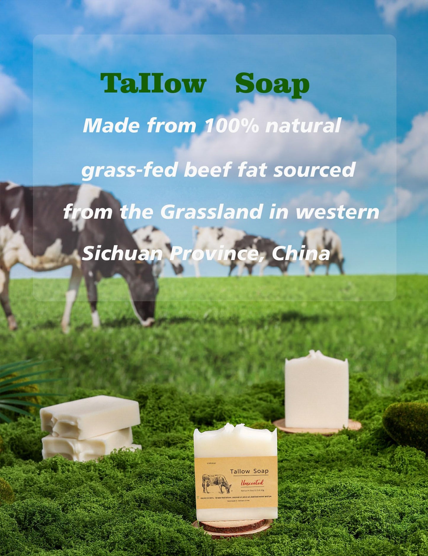 cidcous Grass-fed Beef Tallow Handmade Soap, Butter-based skincare, Natural cleansing bar for face and body, gently cleanses sensitive skin.