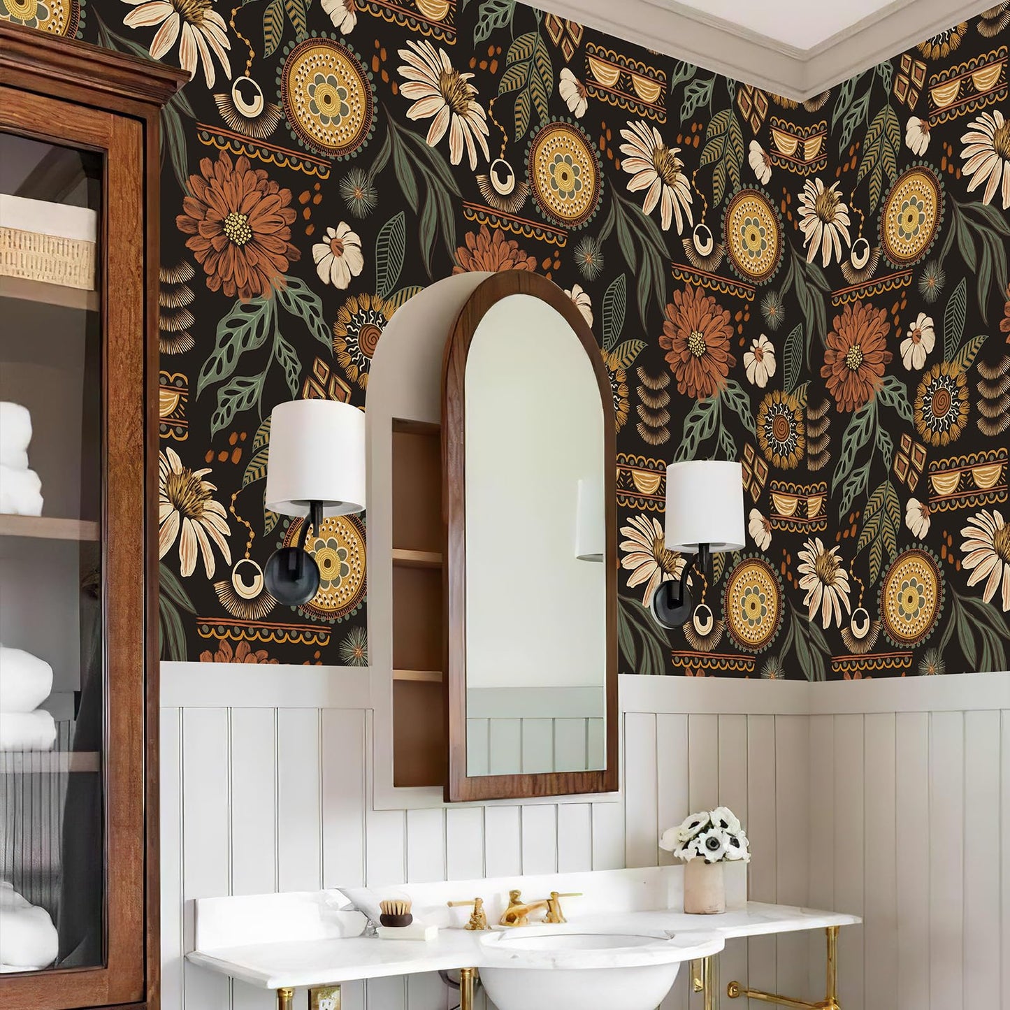 JiffDiff Boho Peel and Stick Wallpaper 17.3" x 120" Vintage Sun Floral Retro Removable Contact Paper Dark Botanical Flowers Bathroom Bedroom Renter Friendly Wall Mural