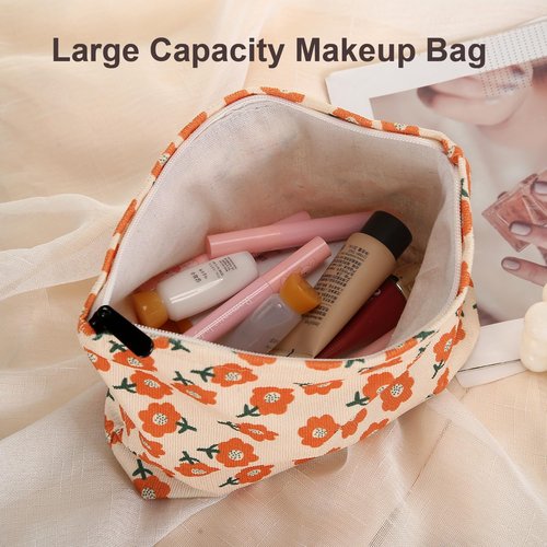 Wudimeitt Cosmetic bag Makeup bag Preppy Cute Corduroy Toiletry bag for women travel essentials (Flower orange)
