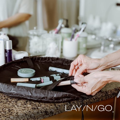 Lay-n-Go Cosmo Drawstring Cosmetic & Makeup Bag Organizer - Portable Drawstring Makeup Bag w/Zipper Pocket, Makeup Loops & More -Durable, Machine Washable Makeup Bag for Travel (20”, Metallic Silver)