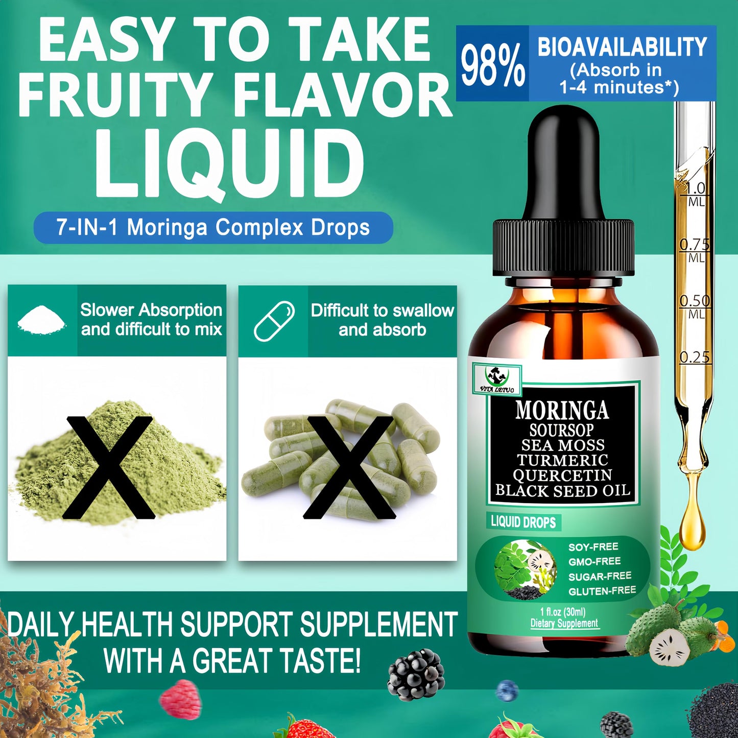 Moringa Drops,Pure Moringa Oleifera Liquid Extract with Soursop Sea Moss Black Seed Oil Quercetin Turmeric - Multimineral&Vitamins Superfood Drops for Energy Immune,Digestive,Cell Support,30 Serving