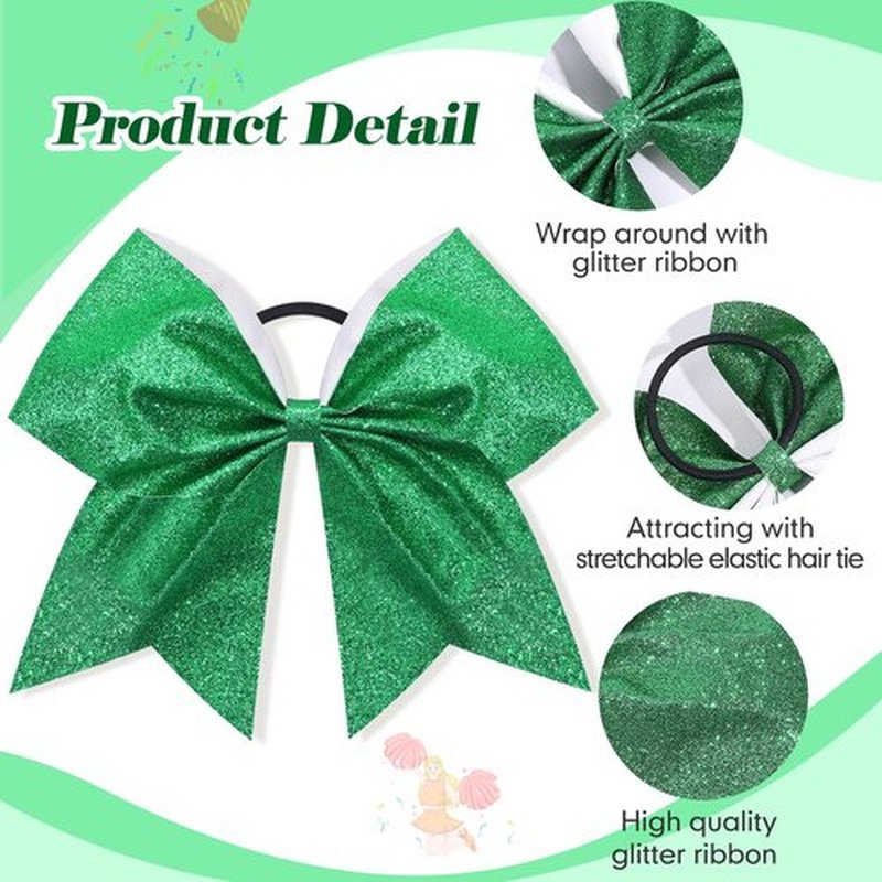 16PCS 8" Large Glitter Cheer Bows for Cheerleaders, CN Sparkly Hair Bows with Elastic Hair Ties Accessories for Teens Girls Women Cheerleading Softball Competition Sports (Green)