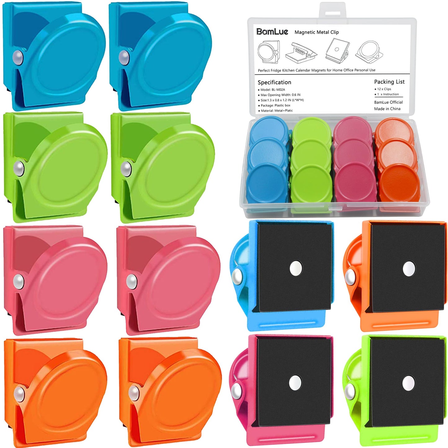 BamLue 12 Pieces Fridge Magnet Clips Plastic Box, Refrigerator Whiteboard Wall Fridge Memo Note Paper Clips, Heavy Duty Metal Magnetic Clip for Photos, Pictures, Papers on Home & Office & Teaching