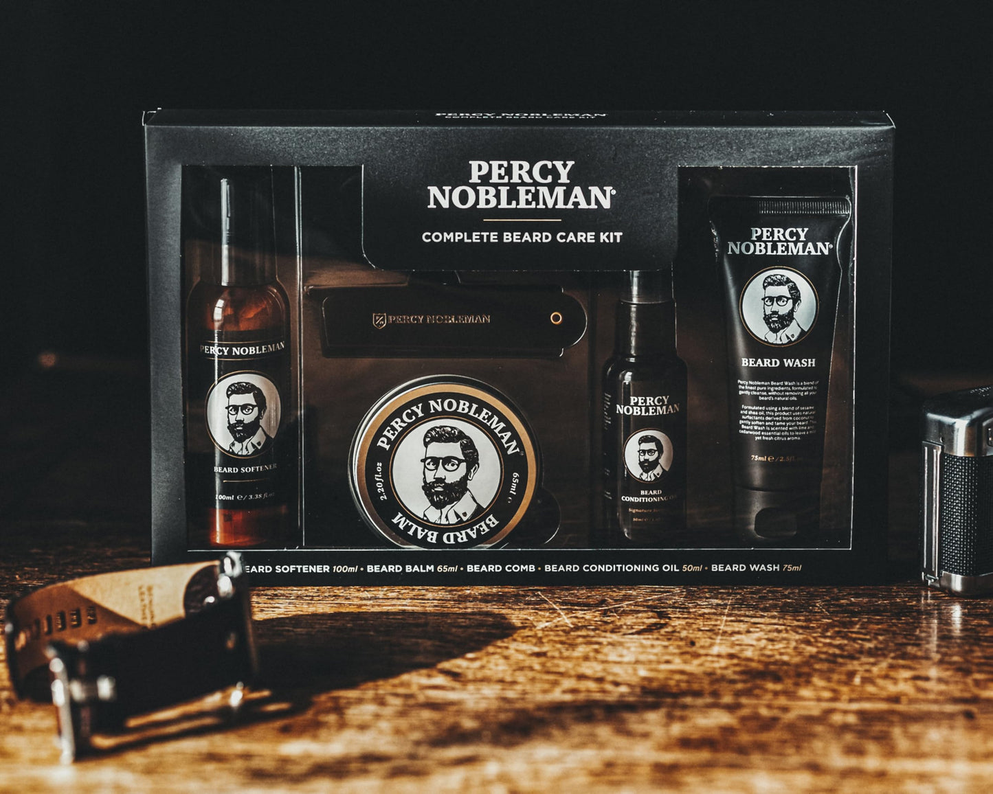 Percy Nobleman Complete Beard Care Kit – Beard Grooming Gift Set with Beard Softener, Scented Beard Oil, Beard Balm, Beard Wash and Folding Acetate Comb for Softening, Hydration & Styling