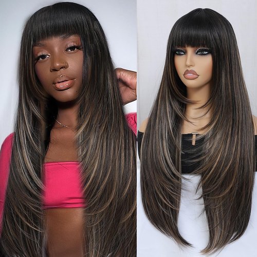meiliprotea Highlight Brown Long Straight Layered Wig with Bangs Mixed Brown Wear and Go Glueless Wig 30 Inch Long Straight Synthetic Wig for Women Daily Use